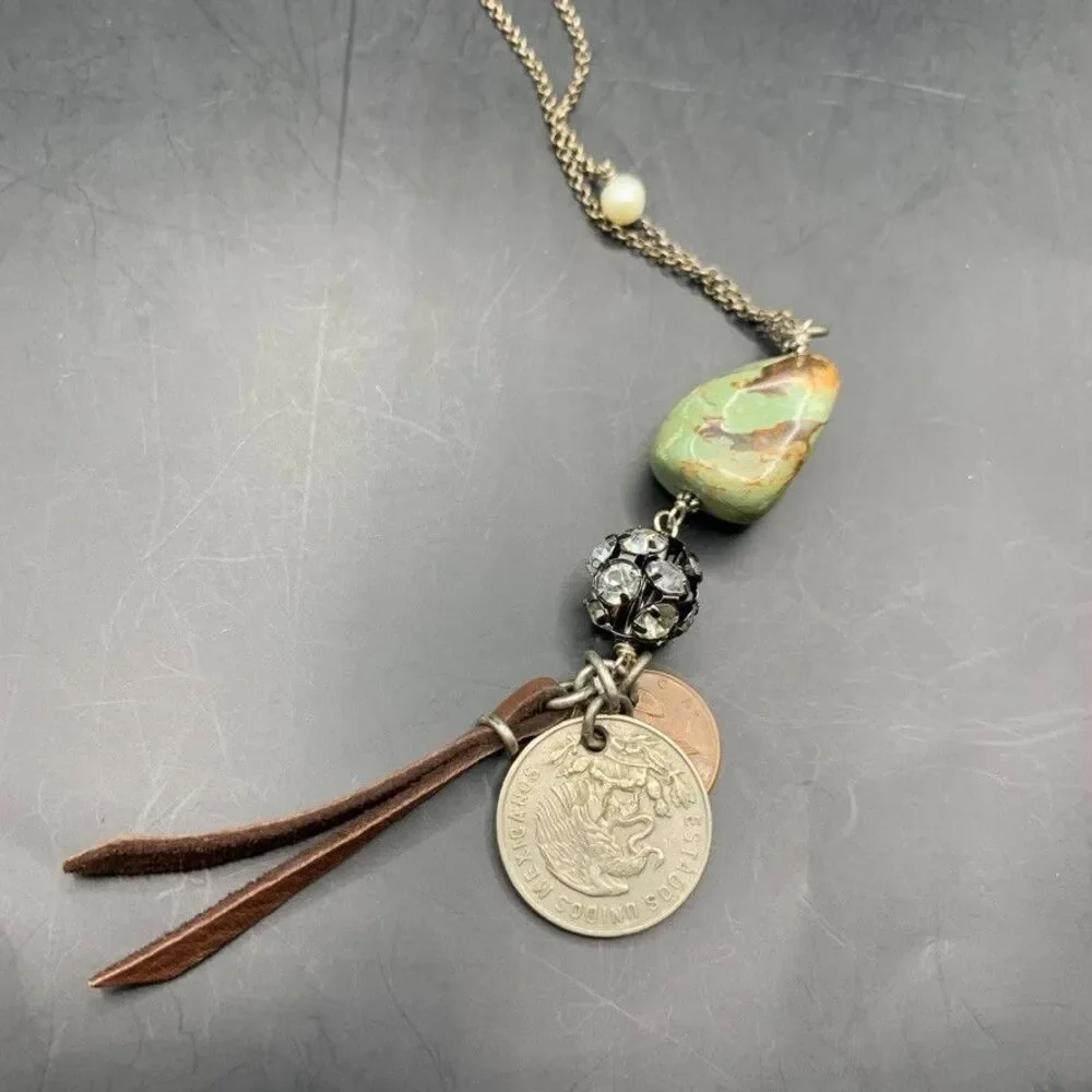 Handmade Artisan Necklace Jasper Pearl Panama Mexico Coins Leather Rhinestones